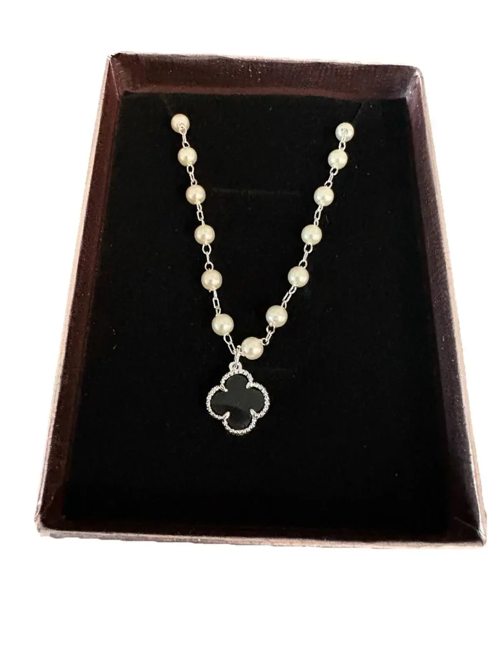 Black Clover Pendant Necklace Faux Pearl Chain Silver Tone Adjustable 17 Inches